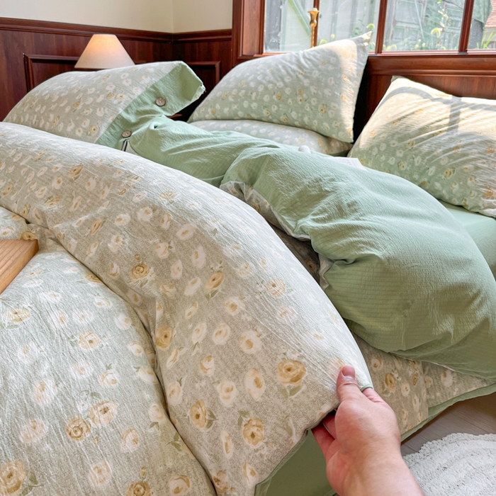 91家纺网 家纺一手货源 找家纺 爱彼家纺 2025新款亲肤舒适原麻亚麻水洗棉四件套-纽扣款 黄花似锦