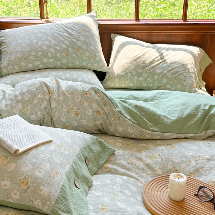 91家纺网 家纺一手货源 找家纺 爱彼家纺 2025新款亲肤舒适原麻亚麻水洗棉四件套-纽扣款 黄花似锦