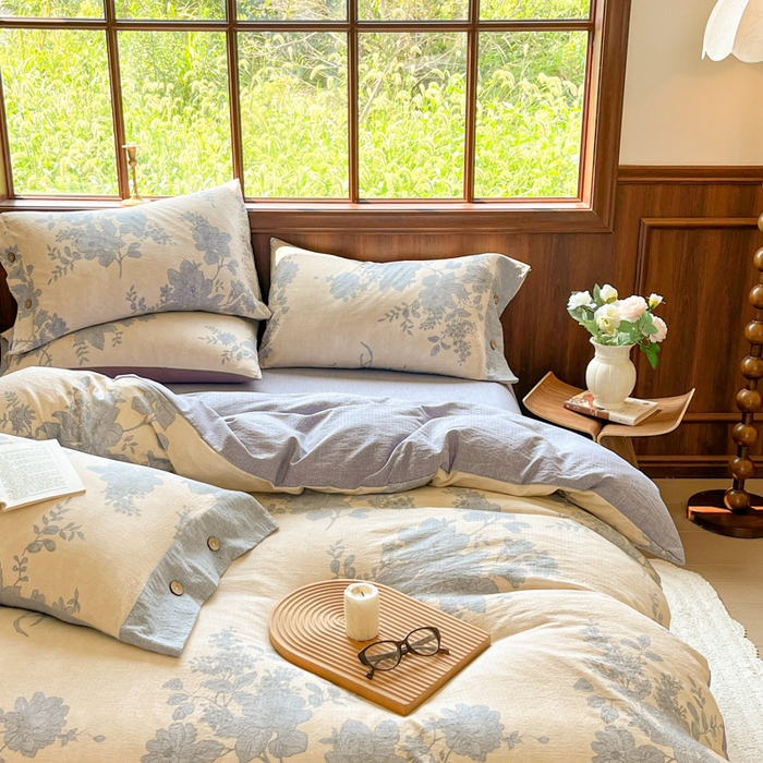 91家纺网 家纺一手货源 找家纺 爱彼家纺 2025新款亲肤舒适原麻亚麻水洗棉四件套-纽扣款 兰亭序