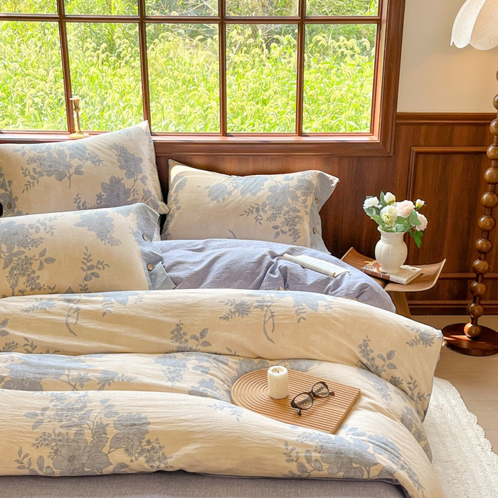 91家纺网 家纺一手货源 找家纺 爱彼家纺 2025新款亲肤舒适原麻亚麻水洗棉四件套-纽扣款 兰亭序