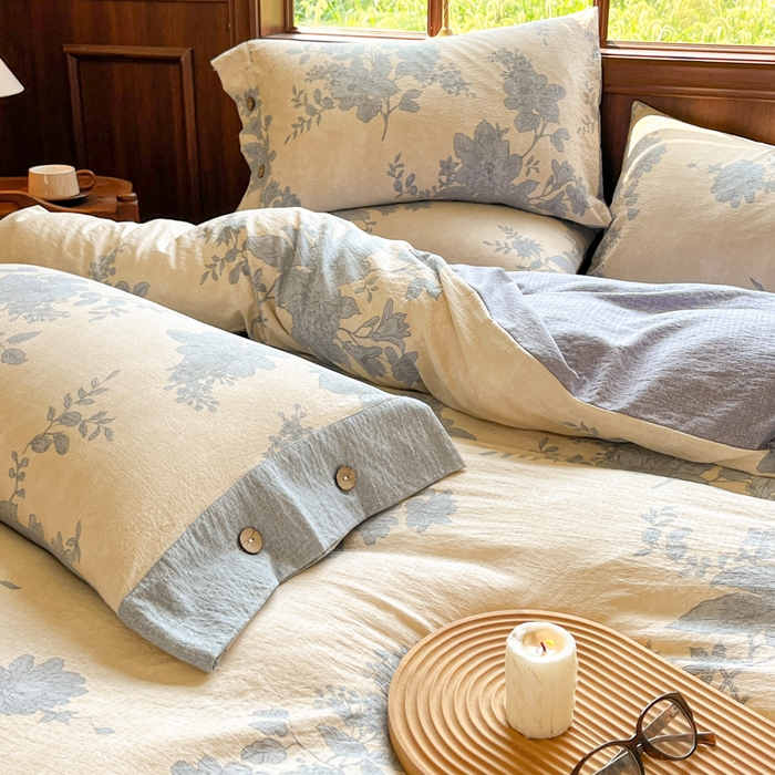 91家纺网 家纺一手货源 找家纺 爱彼家纺 2025新款亲肤舒适原麻亚麻水洗棉四件套-纽扣款 兰亭序