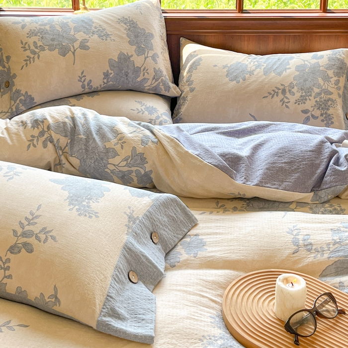 91家纺网 家纺一手货源 找家纺 爱彼家纺 2025新款亲肤舒适原麻亚麻水洗棉四件套-纽扣款 兰亭序