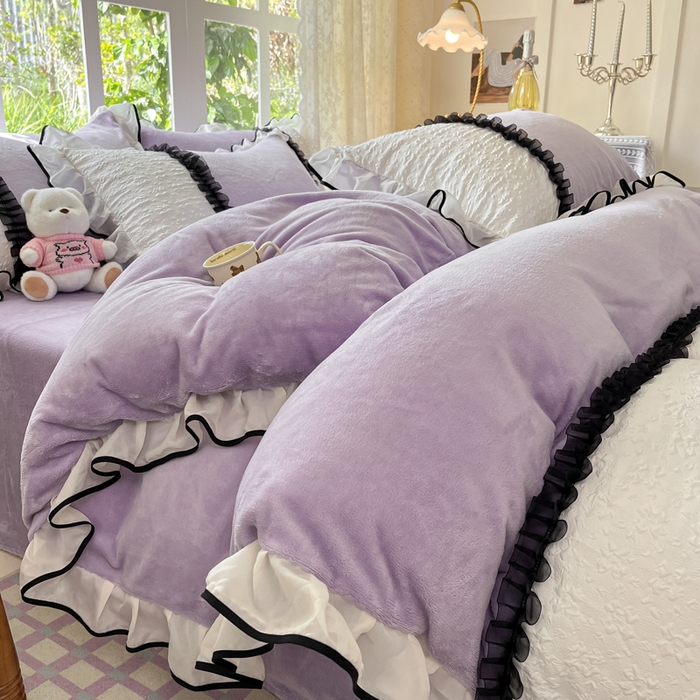 91家纺网 家纺一手货源 找家纺 （总）艺玲家纺 2025新款牛奶绒韩版蕾丝四件套-花香梦境绒