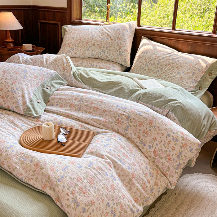 91家纺网 家纺一手货源 找家纺 爱彼家纺 2025新款亲肤舒适原麻亚麻水洗棉四件套-纽扣款 清茉