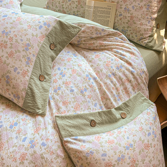 91家纺网 家纺一手货源 找家纺 爱彼家纺 2025新款亲肤舒适原麻亚麻水洗棉四件套-纽扣款 清茉