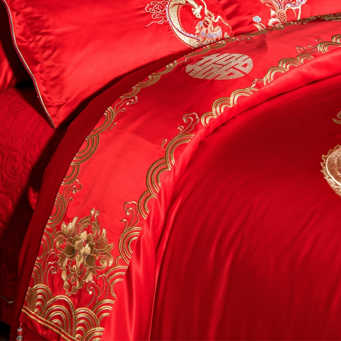 91家纺网 家纺一手货源 找家纺 宏羽纺家纺 2025新款全棉100%全棉新中式婚庆多件套 情比金坚