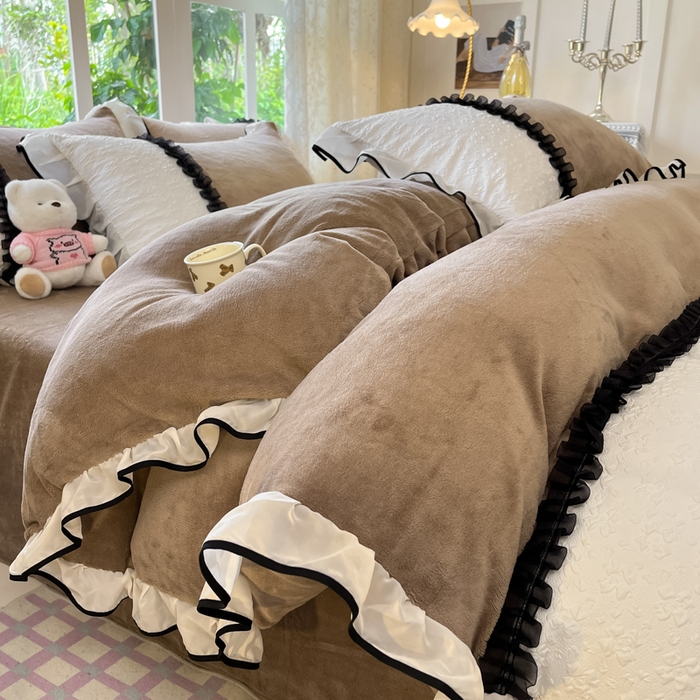 艺玲家纺 2025新款牛奶绒韩版蕾丝四件套-花香梦境绒 花香梦境绒-咖色