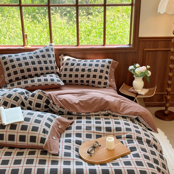 91家纺网 家纺一手货源 找家纺 爱彼家纺 2025新款亲肤舒适原麻亚麻水洗棉四件套-纽扣款 素简格