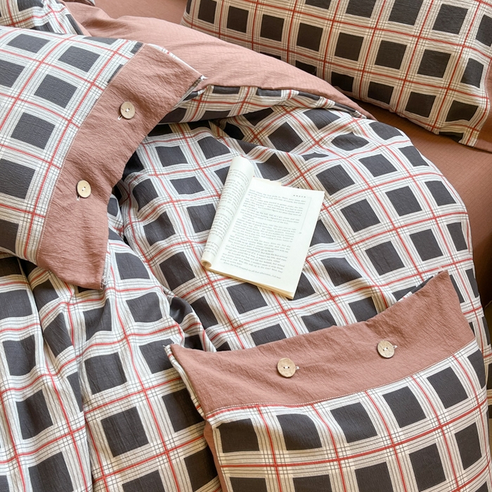 91家纺网 家纺一手货源 找家纺 爱彼家纺 2025新款亲肤舒适原麻亚麻水洗棉四件套-纽扣款 素简格