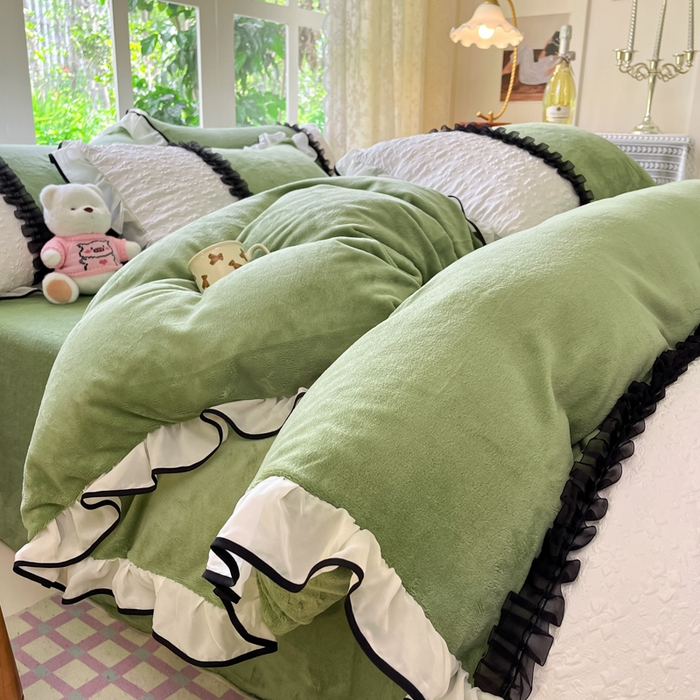 艺玲家纺 2025新款牛奶绒韩版蕾丝四件套-花香梦境绒 花香梦境绒-绿色