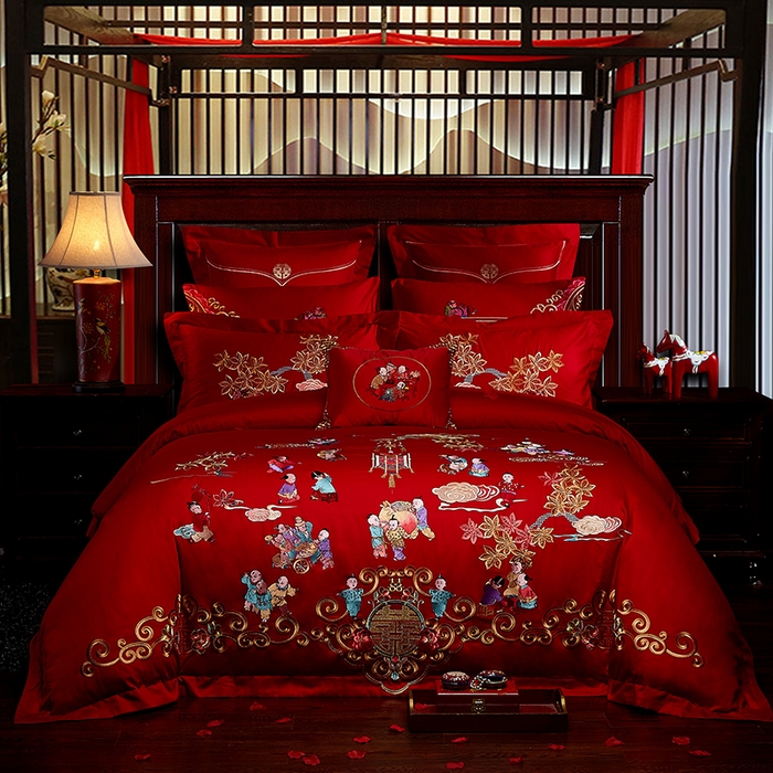 宏羽纺家纺 2025新款全棉100%全棉新中式婚庆多件套 百子百福