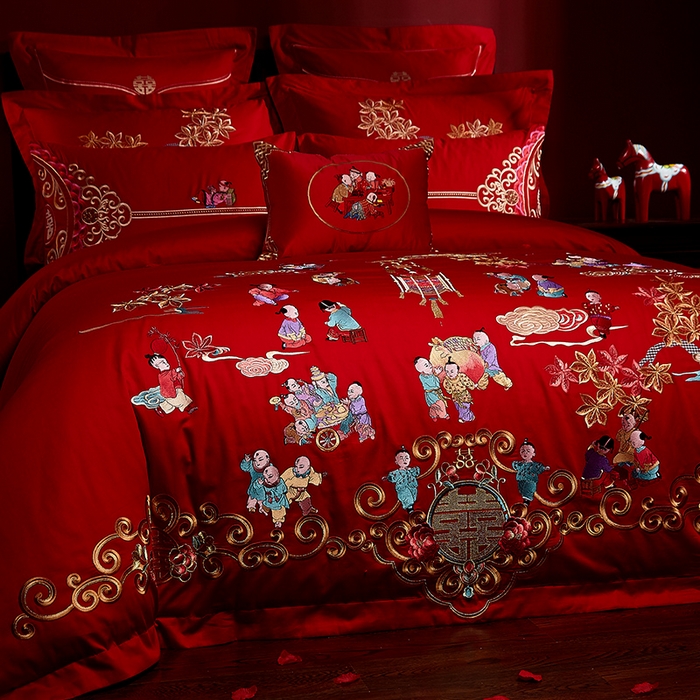 91家纺网 家纺一手货源 找家纺 宏羽纺家纺 2025新款全棉100%全棉新中式婚庆多件套 百子百福