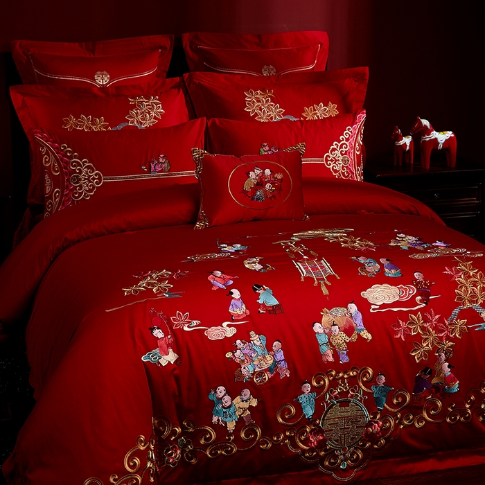 91家纺网 家纺一手货源 找家纺 宏羽纺家纺 2025新款全棉100%全棉新中式婚庆多件套 百子百福