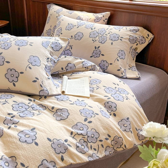 爱彼家纺 2025新款亲肤舒适原麻亚麻水洗棉四件套-纽扣款 素韵花兰