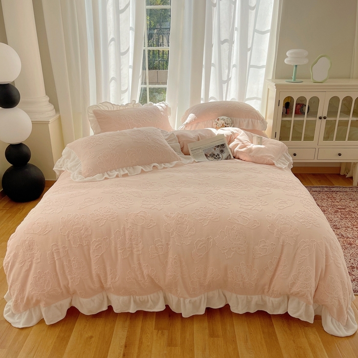 91家纺网 家纺一手货源 找家纺 六巷胡同 2025新款韩版知画牡丹A类牛奶绒花边款四件套 知画牡丹-粉