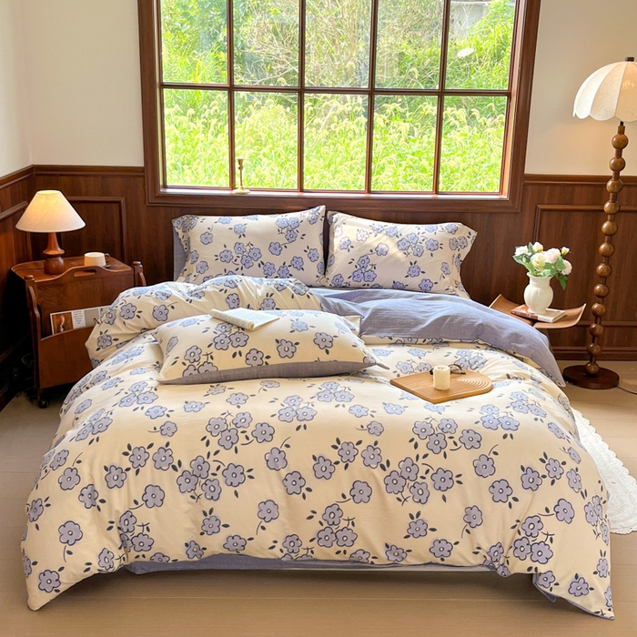 91家纺网 家纺一手货源 找家纺 爱彼家纺 2025新款亲肤舒适原麻亚麻水洗棉四件套-纽扣款 素韵花兰