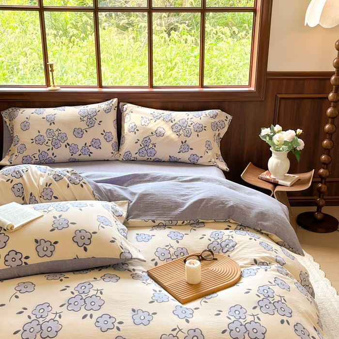 91家纺网 家纺一手货源 找家纺 爱彼家纺 2025新款亲肤舒适原麻亚麻水洗棉四件套-纽扣款 素韵花兰
