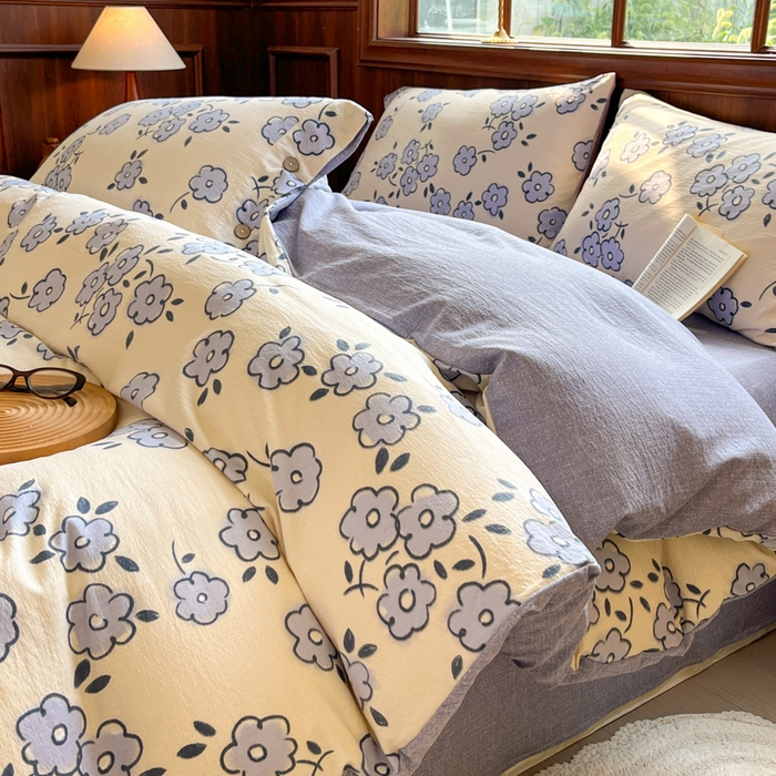 91家纺网 家纺一手货源 找家纺 爱彼家纺 2025新款亲肤舒适原麻亚麻水洗棉四件套-纽扣款 素韵花兰