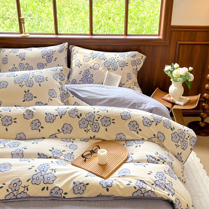 91家纺网 家纺一手货源 找家纺 爱彼家纺 2025新款亲肤舒适原麻亚麻水洗棉四件套-纽扣款 素韵花兰