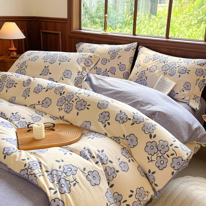 91家纺网 家纺一手货源 找家纺 爱彼家纺 2025新款亲肤舒适原麻亚麻水洗棉四件套-纽扣款 素韵花兰