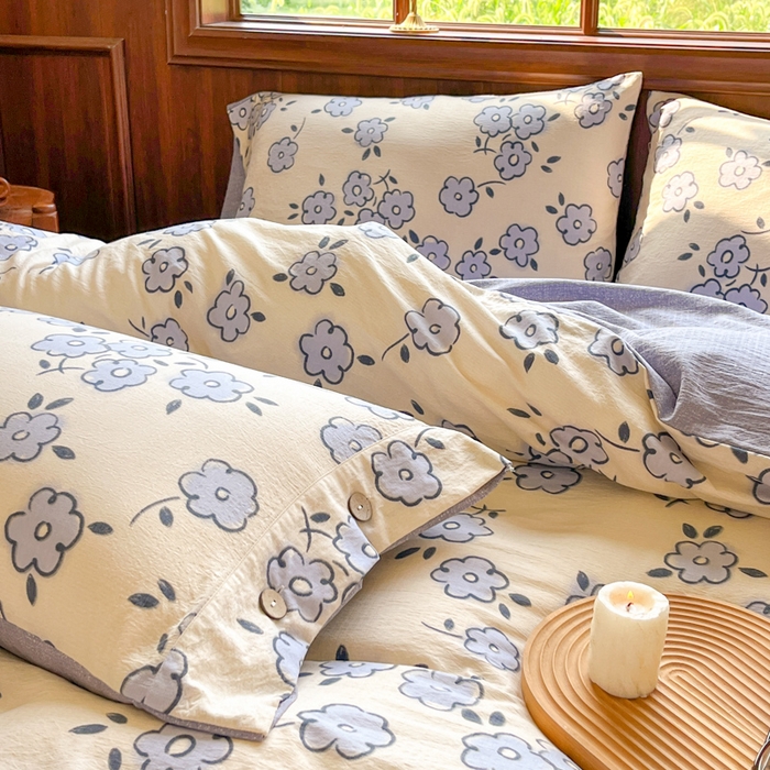 91家纺网 家纺一手货源 找家纺 爱彼家纺 2025新款亲肤舒适原麻亚麻水洗棉四件套-纽扣款 素韵花兰