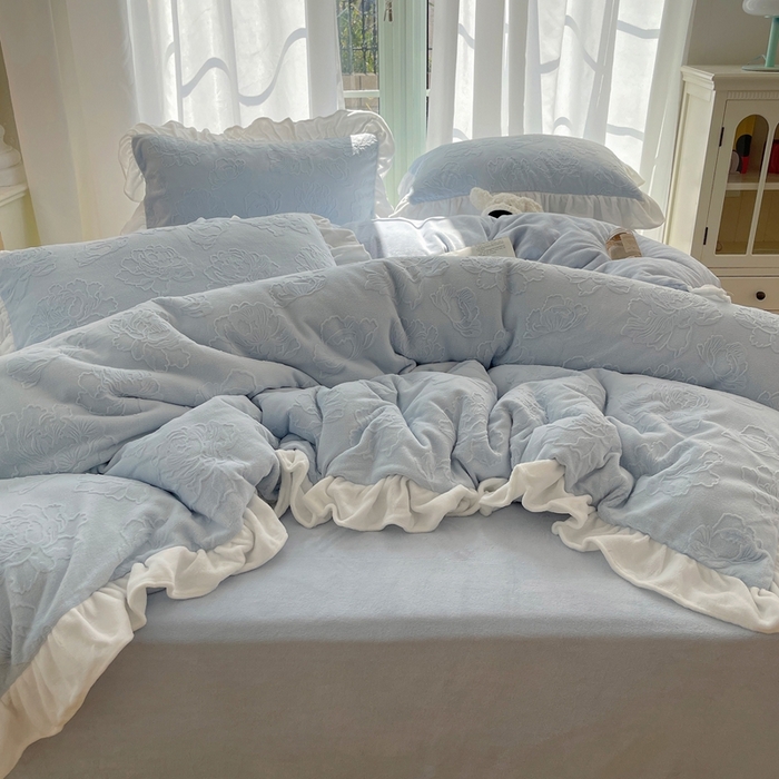 91家纺网 家纺一手货源 找家纺 六巷胡同 2025新款韩版知画牡丹A类牛奶绒花边款四件套 知画牡丹-蓝