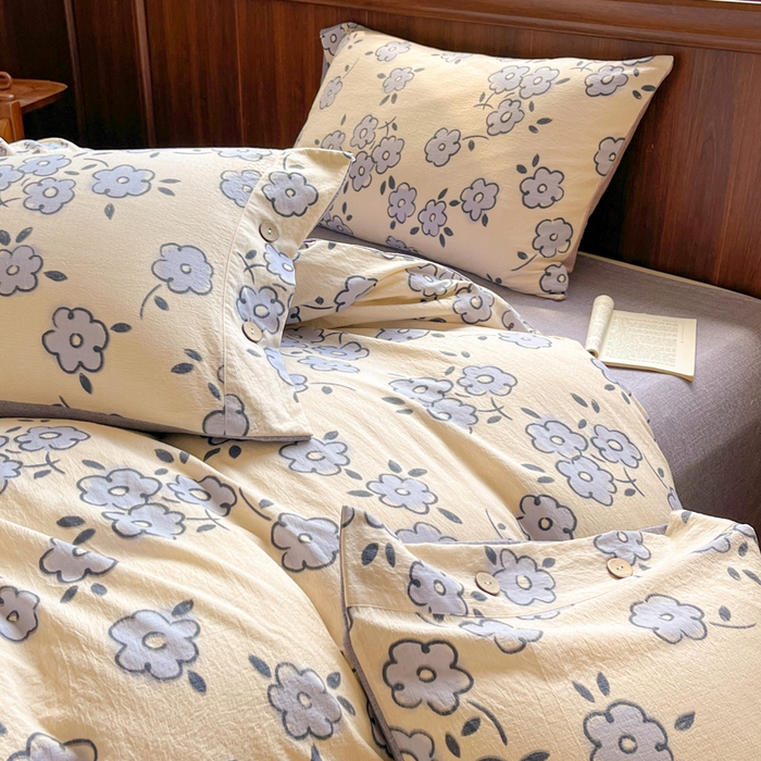 91家纺网 家纺一手货源 找家纺 爱彼家纺 2025新款亲肤舒适原麻亚麻水洗棉四件套-纽扣款 素韵花兰