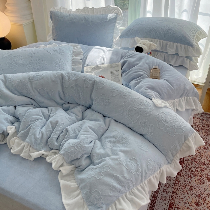 91家纺网 家纺一手货源 找家纺 六巷胡同 2025新款韩版知画牡丹A类牛奶绒花边款四件套 知画牡丹-蓝