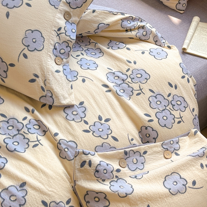 91家纺网 家纺一手货源 找家纺 爱彼家纺 2025新款亲肤舒适原麻亚麻水洗棉四件套-纽扣款 素韵花兰