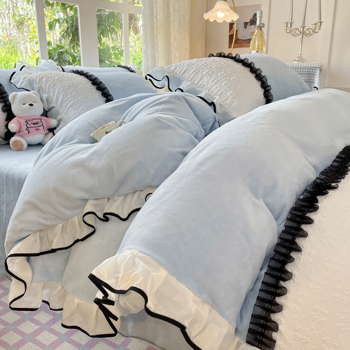 艺玲家纺 2025新款牛奶绒韩版蕾丝四件套-花香梦境绒 花香梦境绒-天蓝