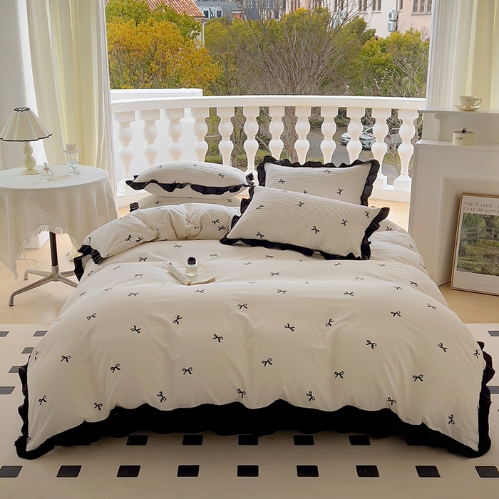 91家纺网 家纺一手货源 找家纺 美梦家纺 2025新款亲肤舒适全棉13372床盖款四件套 蝴蝶结-咖