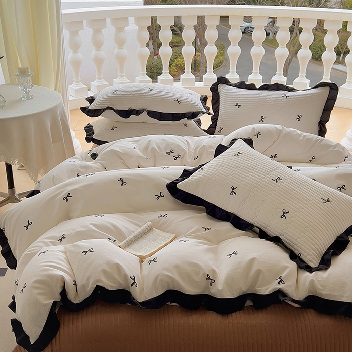 91家纺网 家纺一手货源 找家纺 美梦家纺 2025新款亲肤舒适全棉13372床盖款四件套 蝴蝶结-咖