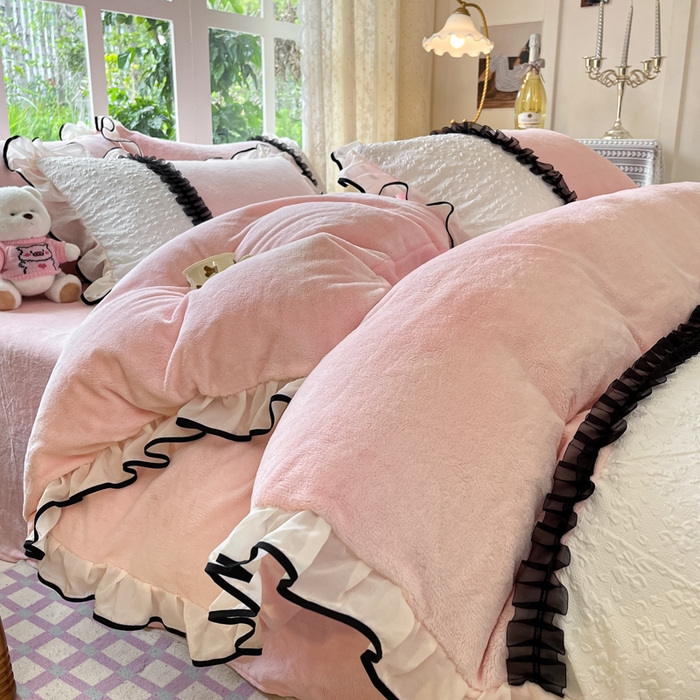 艺玲家纺 2025新款牛奶绒韩版蕾丝四件套-花香梦境绒 花香梦境绒-玉色