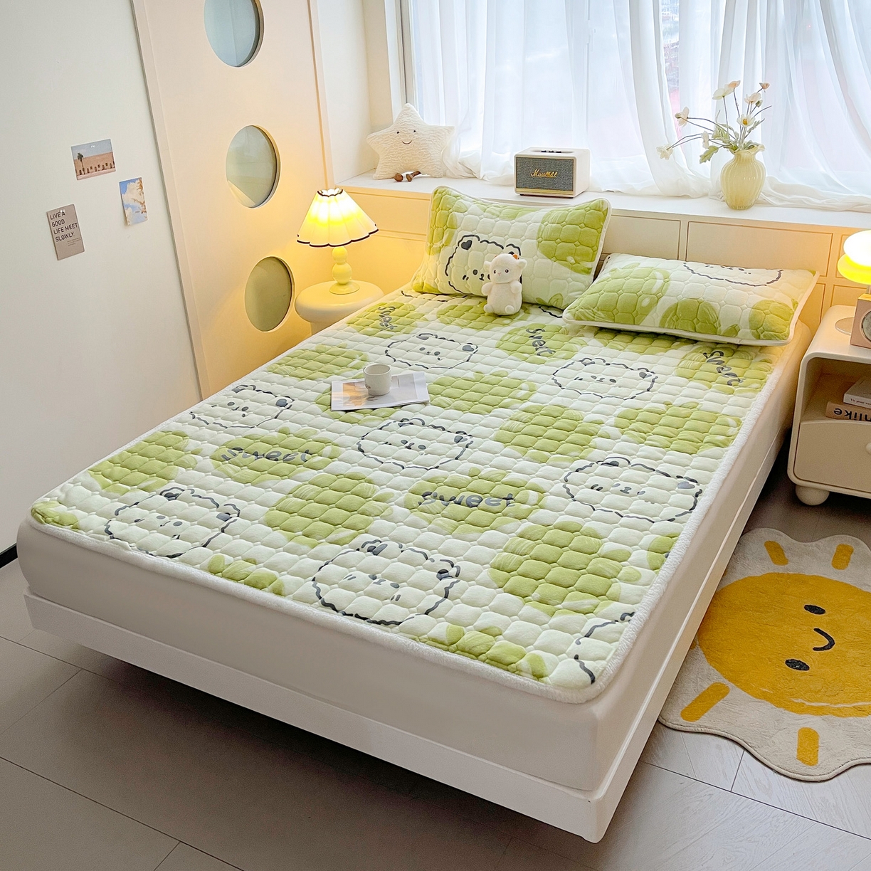 91家纺网 家纺一手货源 找家纺 眠势力 2025新款牛奶绒床垫加绒床褥子秋冬保暖珊瑚绒夹棉床护垫 泡泡熊