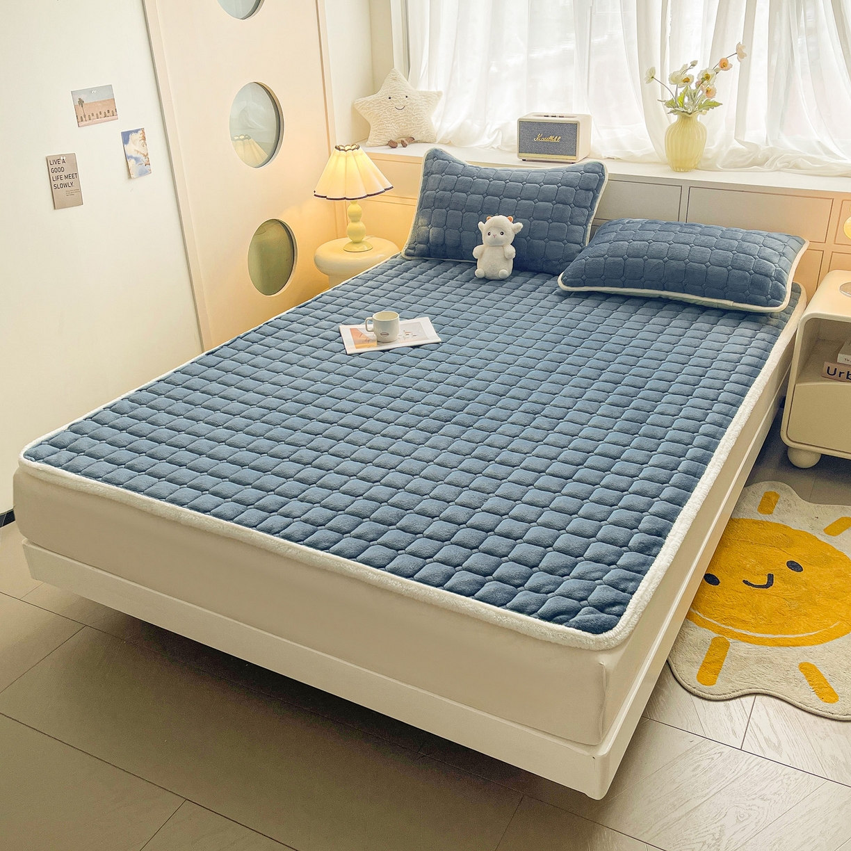 91家纺网 家纺一手货源 找家纺 眠势力 2025新款牛奶绒床垫加绒床褥子秋冬保暖珊瑚绒夹棉床护垫 新黛蓝