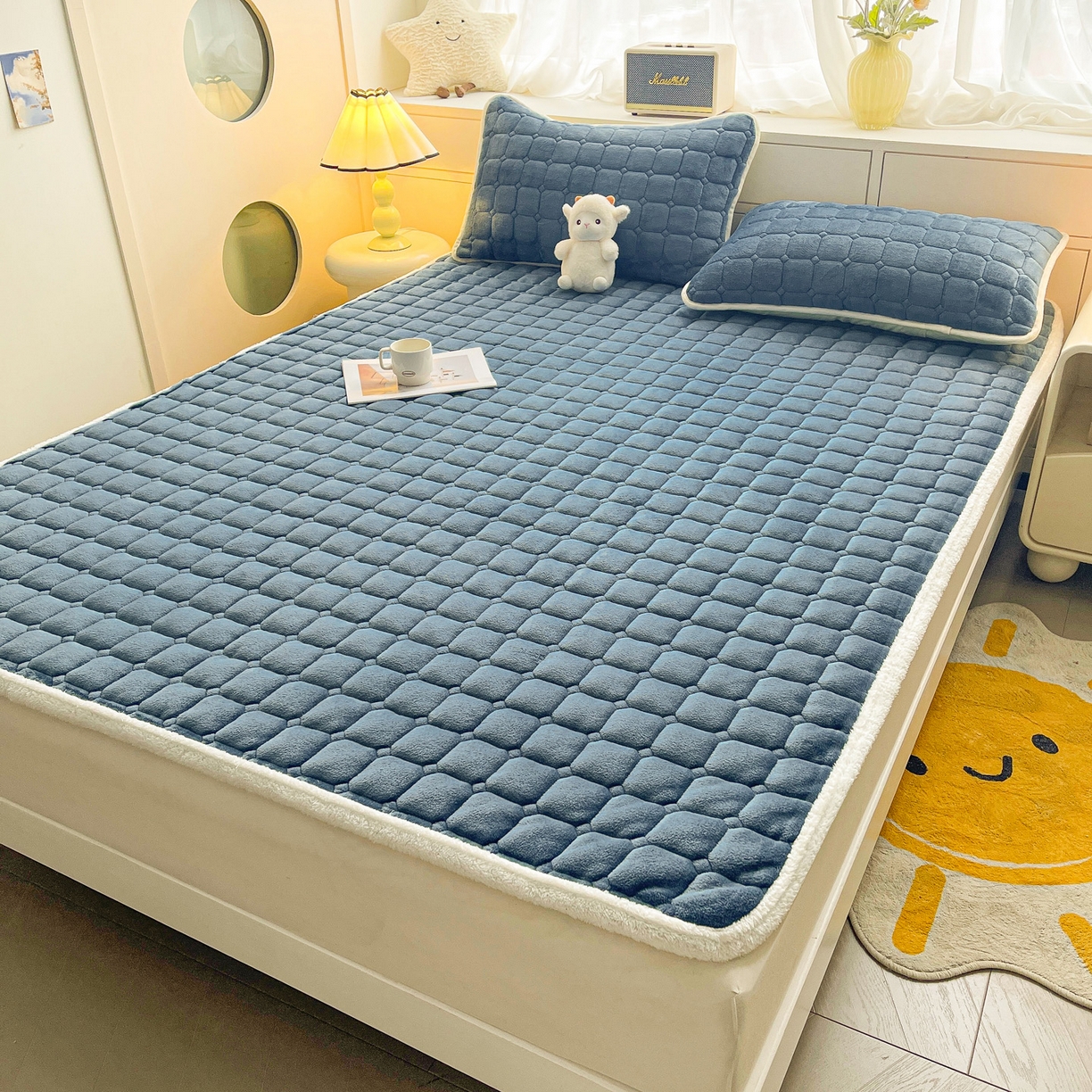 91家纺网 家纺一手货源 找家纺 眠势力 2025新款牛奶绒床垫加绒床褥子秋冬保暖珊瑚绒夹棉床护垫 新黛蓝