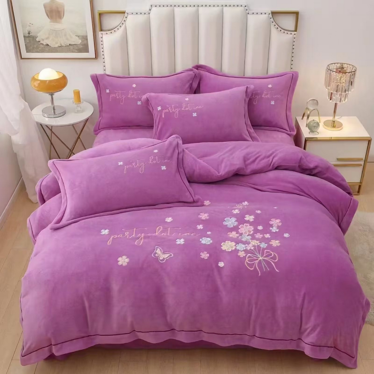 91家纺网 家纺一手货源 找家纺 优姿家纺 2025新款全消光10斤牛奶绒宽边绣花保暖四件套 蝶语花香紫