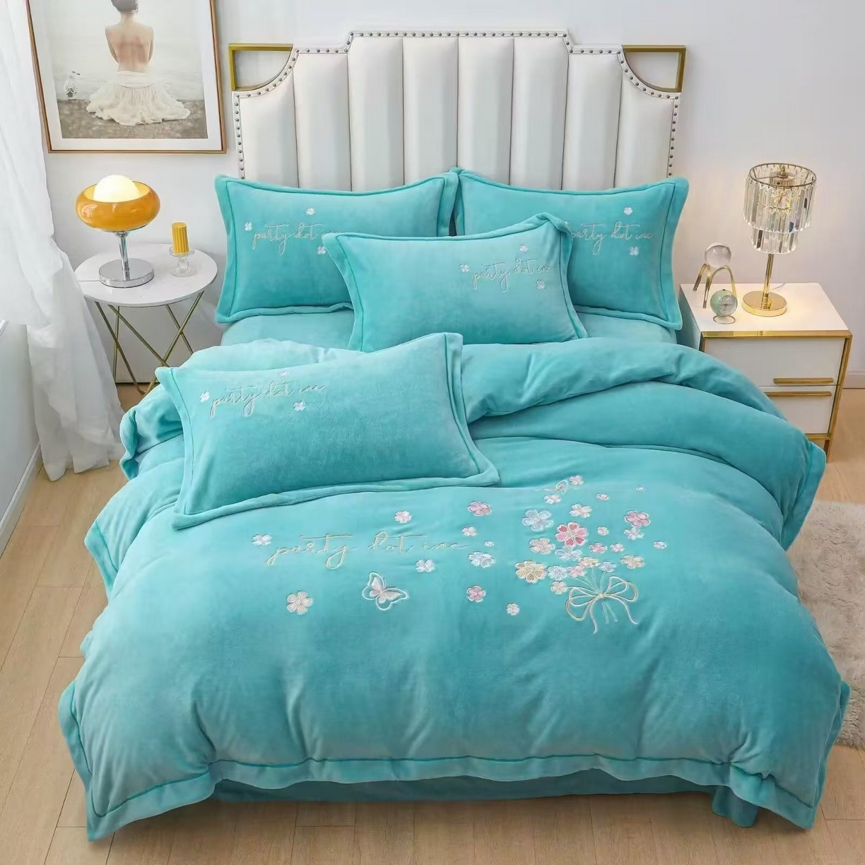 91家纺网 家纺一手货源 找家纺 优姿家纺 2025新款全消光10斤牛奶绒宽边绣花保暖四件套 蝶语花香胡兰