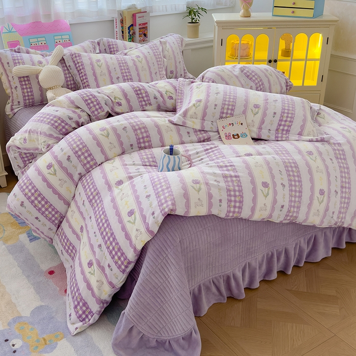 赫梵茜 2025新款亲肤舒适爆款•牛奶绒花边床盖款四件套 小春日和