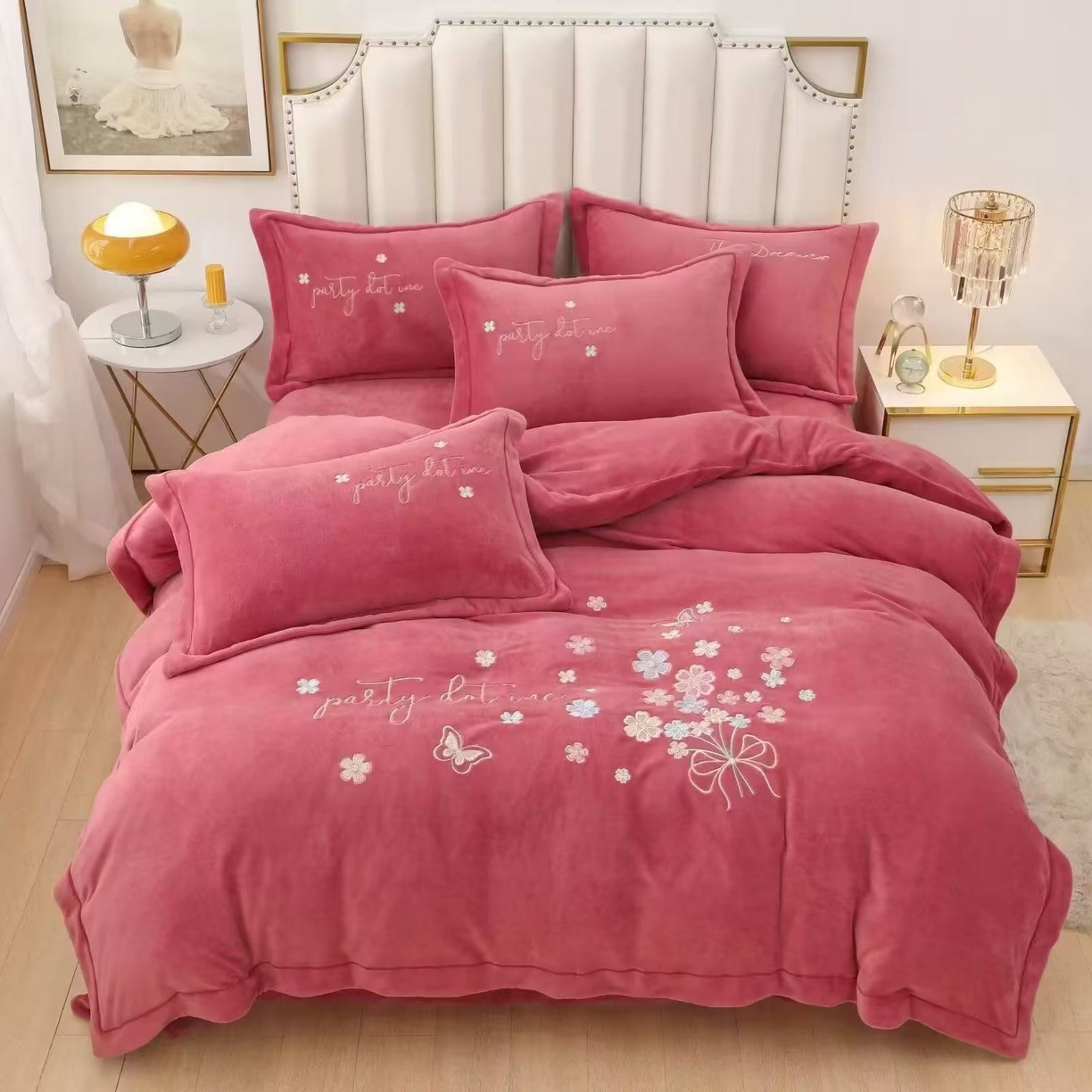 优姿家纺 2025新款全消光10斤牛奶绒宽边绣花保暖四件套 蝶语花香豆沙