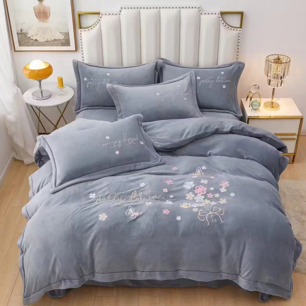 优姿家纺 2025新款全消光10斤牛奶绒宽边绣花保暖四件套 蝶语花香太空灰