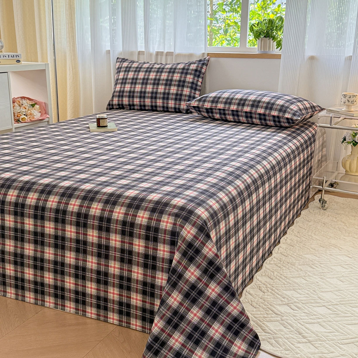 91家纺网 家纺一手货源 找家纺 丽美人家纺 2025新款全棉纯棉磨毛单床单 床单单件 黑纹格