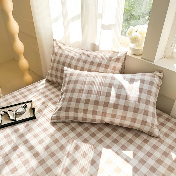 91家纺网 家纺一手货源 找家纺 丽美人家纺 2025新款全棉纯棉磨毛单床单 床单单件 浅咖中格