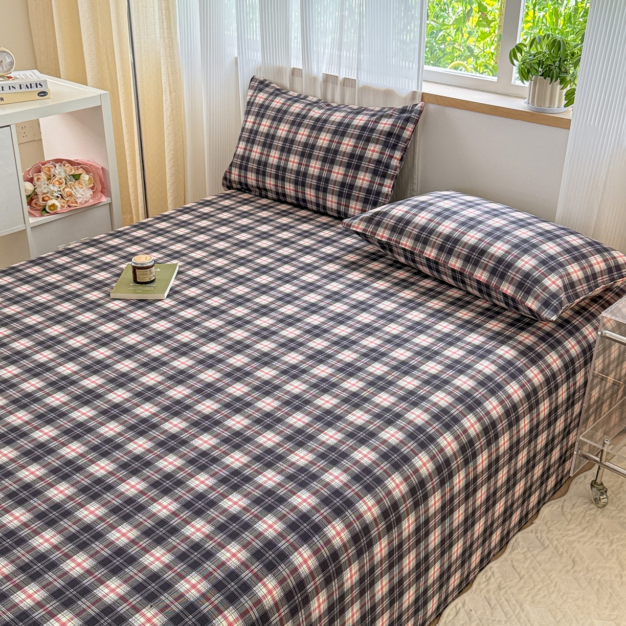 91家纺网 家纺一手货源 找家纺 丽美人家纺 2025新款全棉纯棉磨毛单床单 床单单件 黑纹格