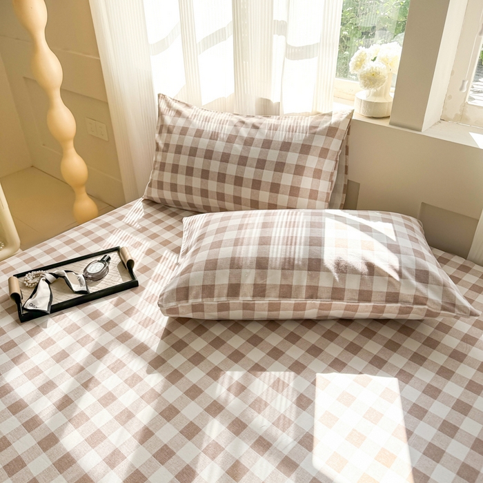 91家纺网 家纺一手货源 找家纺 丽美人家纺 2025新款全棉纯棉磨毛单床单 床单单件 浅咖中格