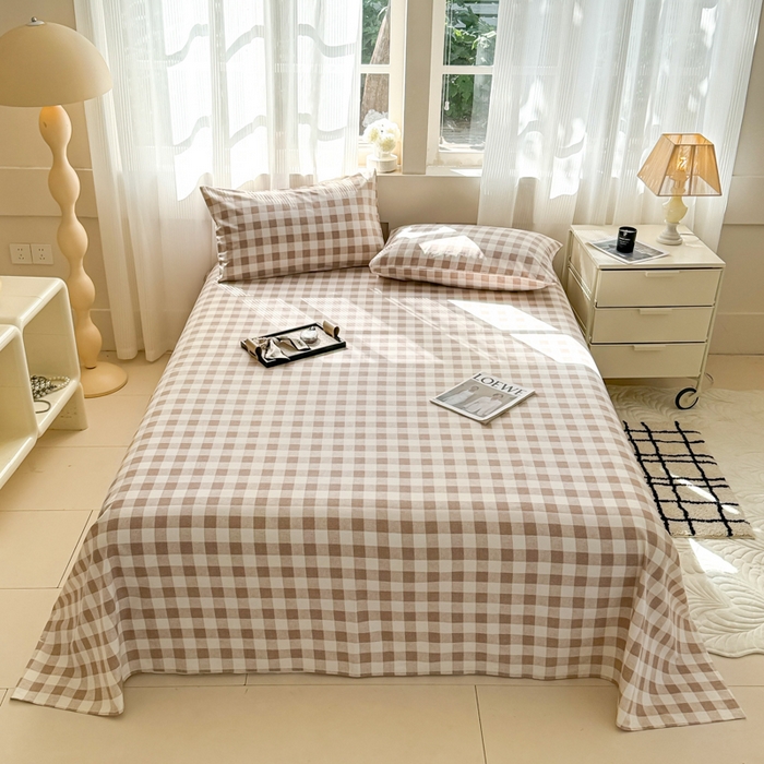 91家纺网 家纺一手货源 找家纺 丽美人家纺 2025新款全棉纯棉磨毛单床单 床单单件 浅咖中格