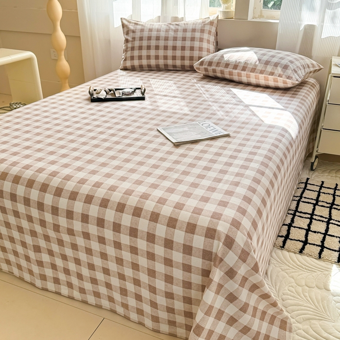 91家纺网 家纺一手货源 找家纺 丽美人家纺 2025新款全棉纯棉磨毛单床单 床单单件 浅咖中格