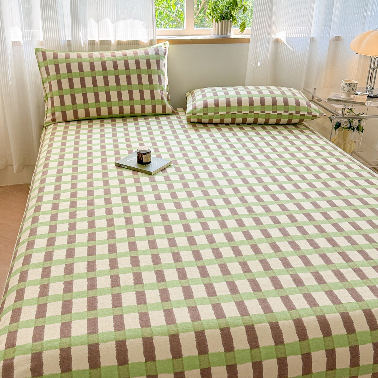 91家纺网 家纺一手货源 找家纺 丽美人家纺 2025新款全棉纯棉磨毛单床单 床单单件 方格绿