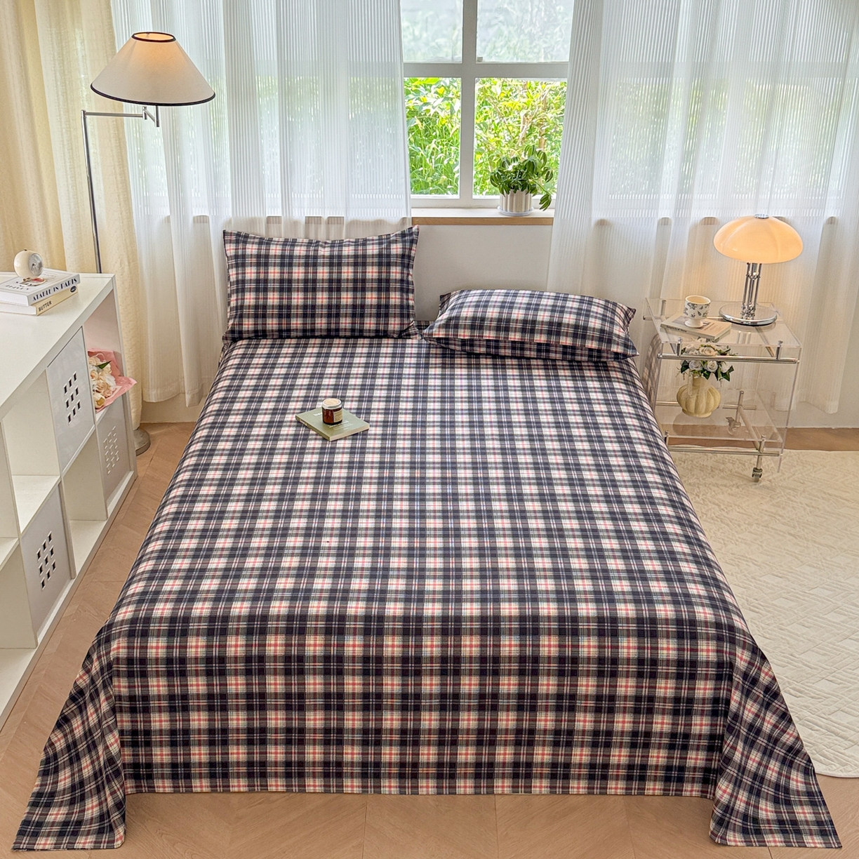 91家纺网 家纺一手货源 找家纺 丽美人家纺 2025新款全棉纯棉磨毛单床单 床单单件 黑纹格