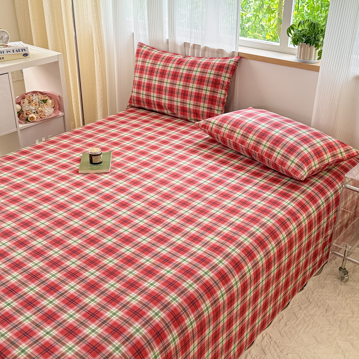 91家纺网 家纺一手货源 找家纺 丽美人家纺 2025新款全棉纯棉磨毛单床单 床单单件 红纹格